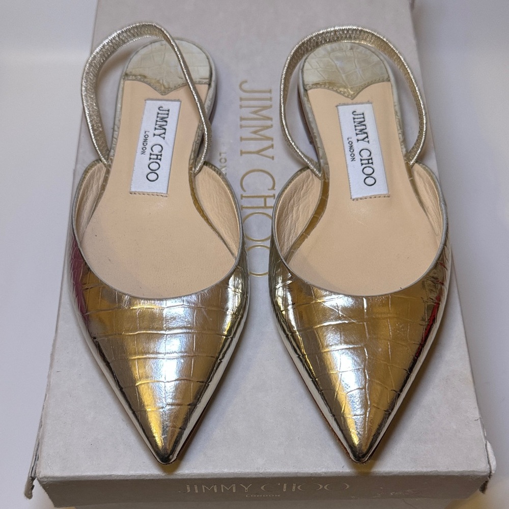 Jimmy Choo Metallic Gold Croc-Embossed Pointed Slingback Flats